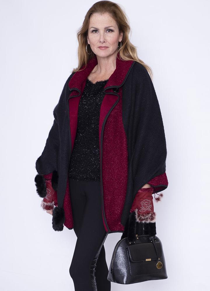 Black Trim Poodle Cardi in Wine