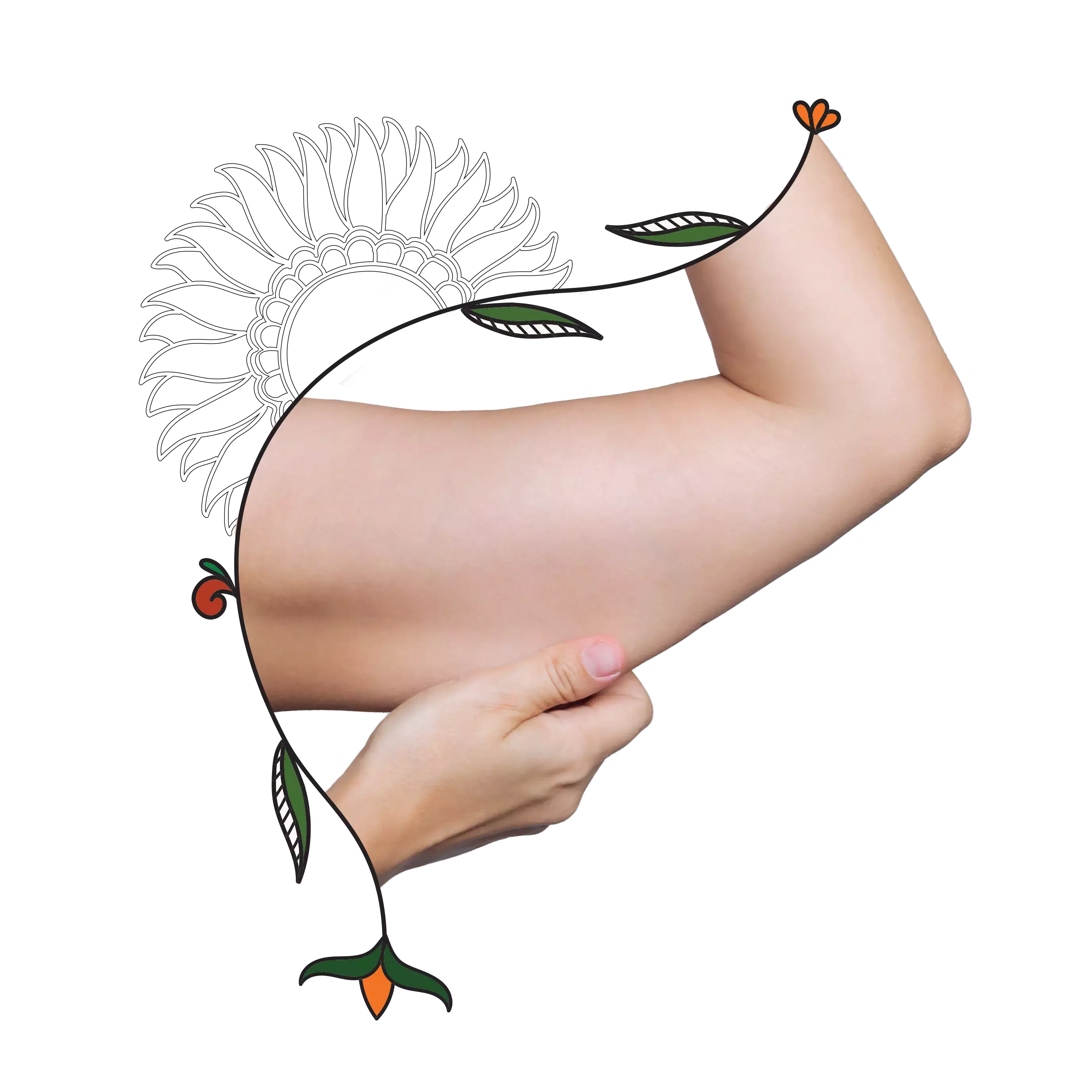 An aesthetic composition of a women's upper arm surrounded by floral artwork