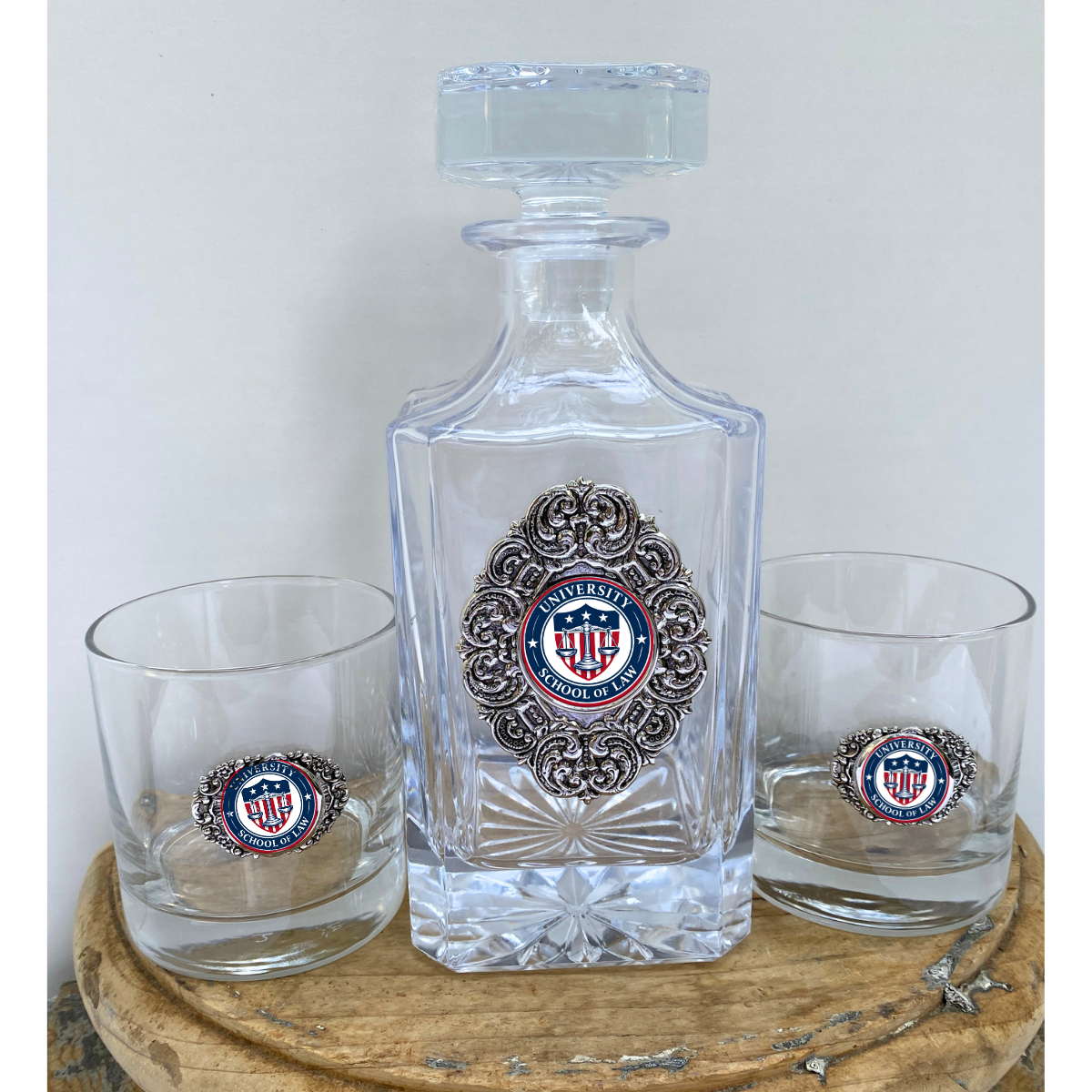 Custom Decanter and Bourbon Glasses for Law School