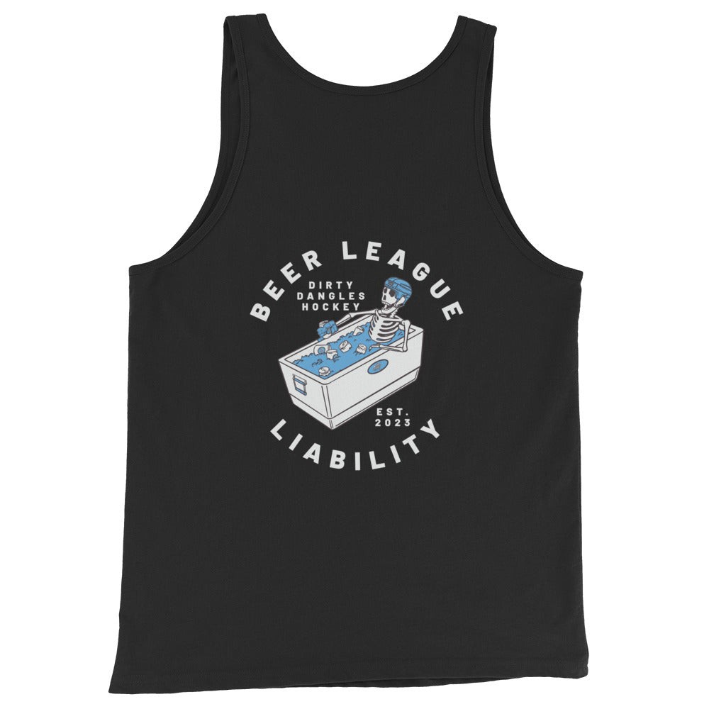 the back of a black tank top with a skeleton drinking a beer while sitting in a cooler of ice. beer league liability dirty dangles hockey est 2023. white background