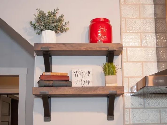 gray stained solid wood shelves