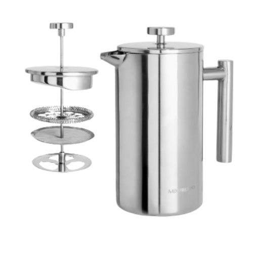 Silver metal French press with a cylindrical body and a separate plunger assembly showing the filter layers.