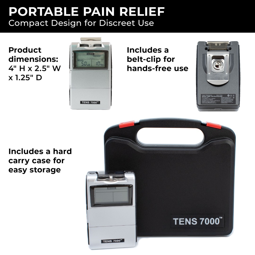 A TENS unit showing its belt clip and carrying case. Text, "Portable pain relief"