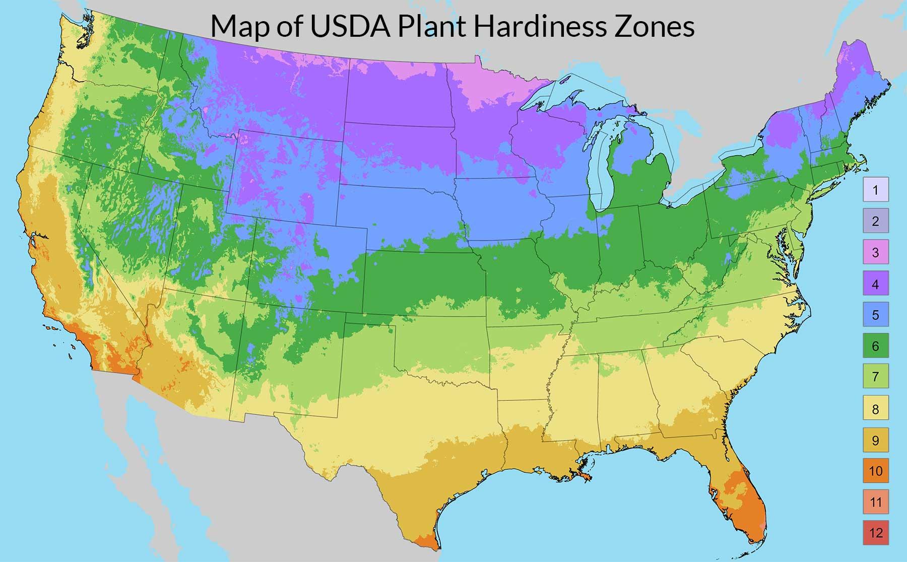 Map of USDA Hardiness Zones with Legend