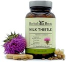 bottle of herbal roots milk thistle with milk thistle capsules, milk thistle seeds and a milk thistle purple flower surrounding it.