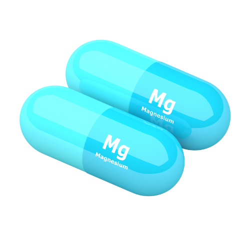 two bright blue pills that say "Mg Magnesium" on them.