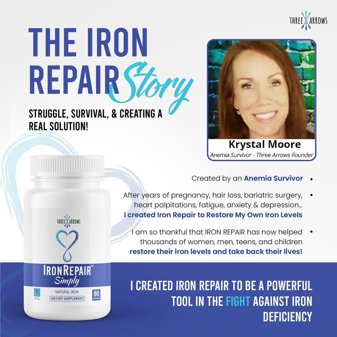 Three Arrows founder Krystal Moore, an anemia survivor, shares why she created Iron Repair Plus, a natural iron supplement, to restore optimal ferritin and hemoglobin levels. Iron Repair Simply is doctor recommended to raise ferritin levels
