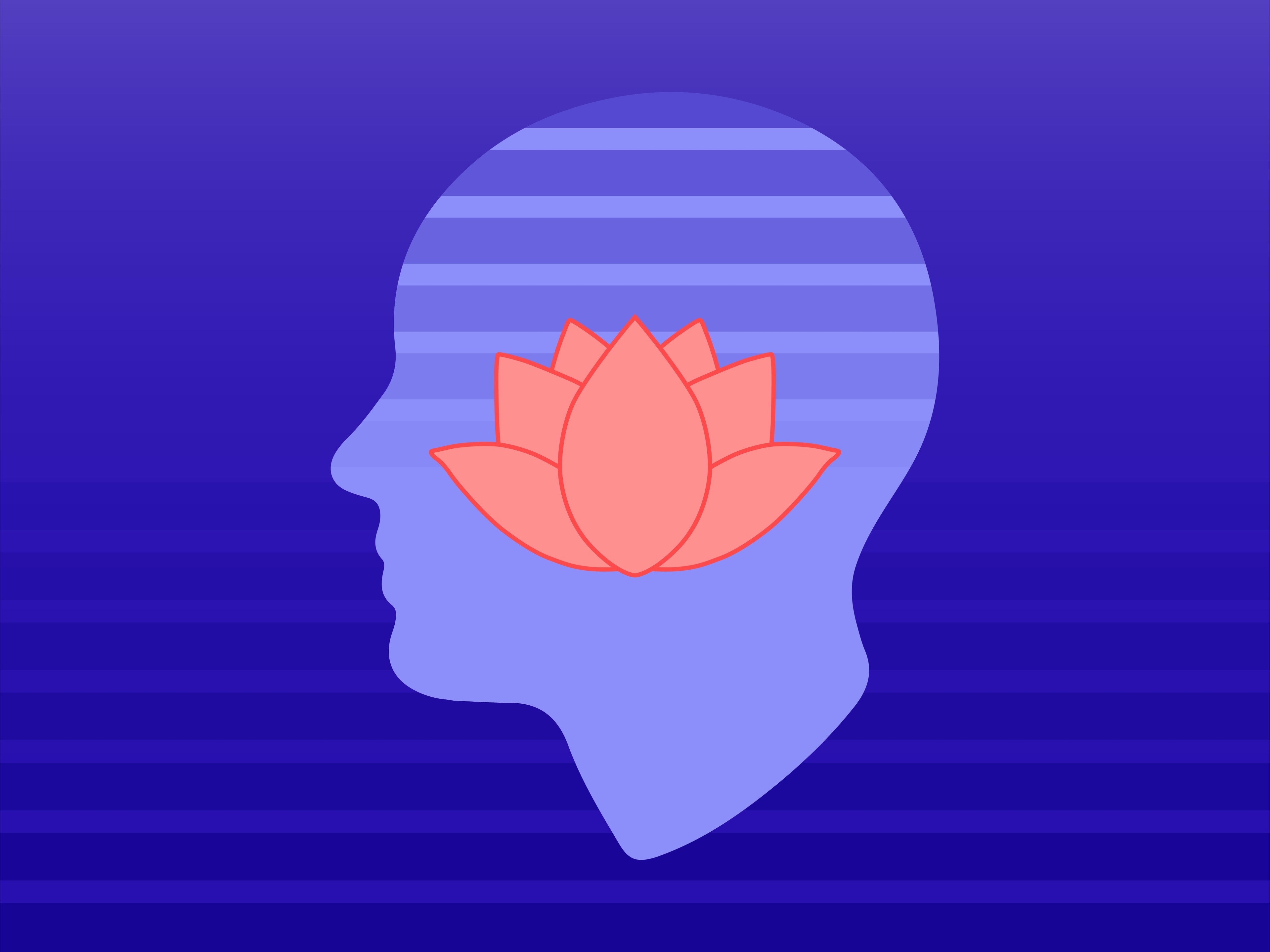 A graphic of a person with a lotus inside his head that symbolizes calm.