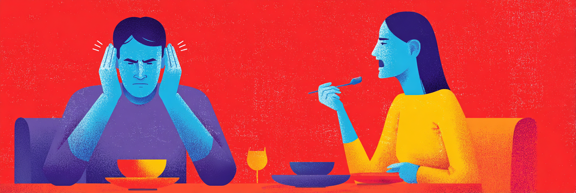 A man sitting at a table, covering his ears to block the sound of the woman chewing beside him.