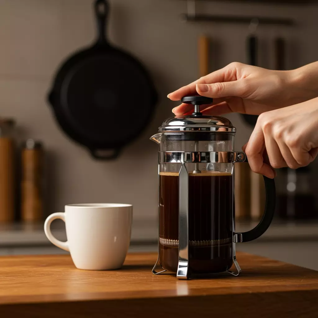 Hands pressing down a French press filled with coarse-ground coffee beside a warm, minimalist kitchen setup.