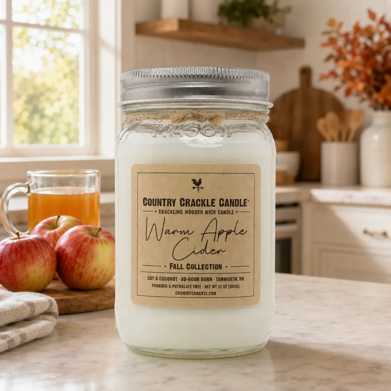 large jar wooden wick soy candle hero photo - warm apple cider from country crackle candle