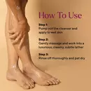 1. Woman applying cleanser on her legs with 3 steps shown.