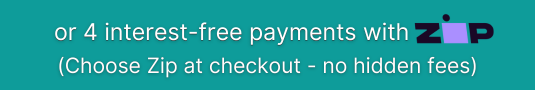 Image of zip payment with the text "or 4 interest-free payments with zip (choose zip at checkout - no hidden fees)