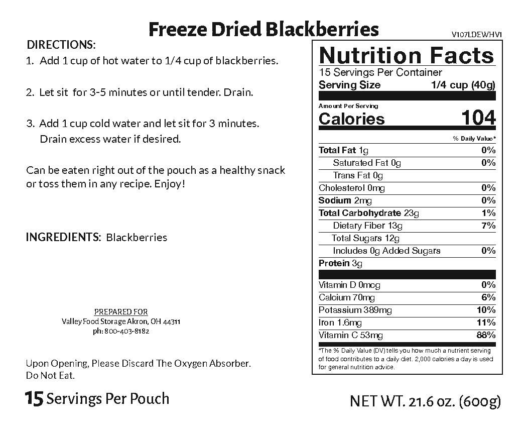 Valley Food Storage Freeze-Dried Blackberries Long Term Food Storage Nutrition Label
