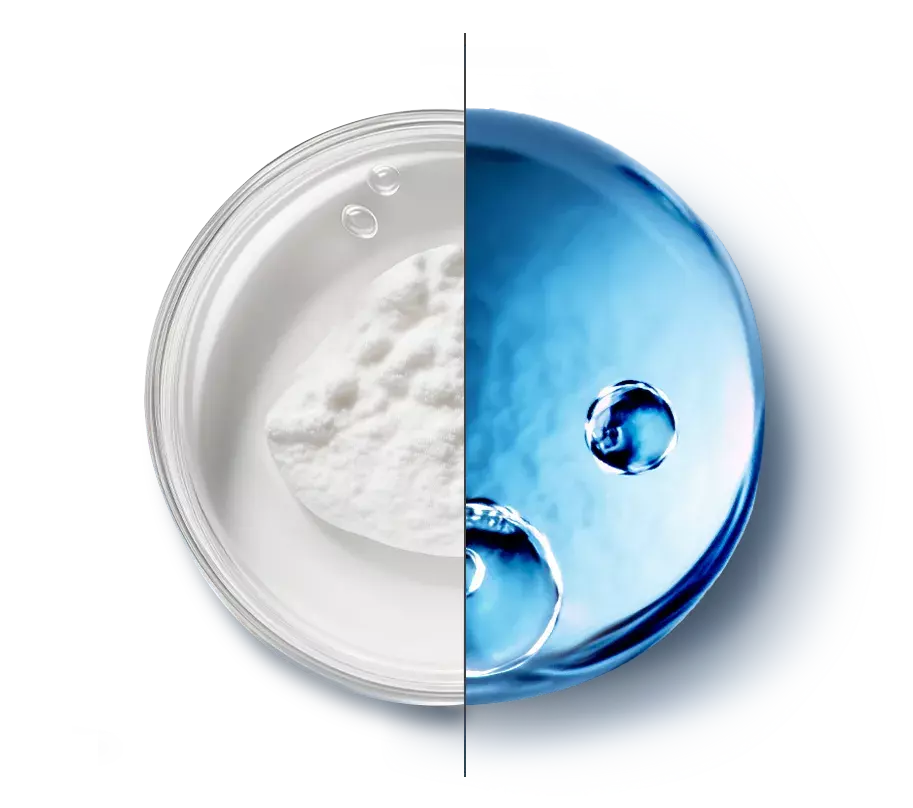 The image shows half betaine powder and a half hyaluronic acid