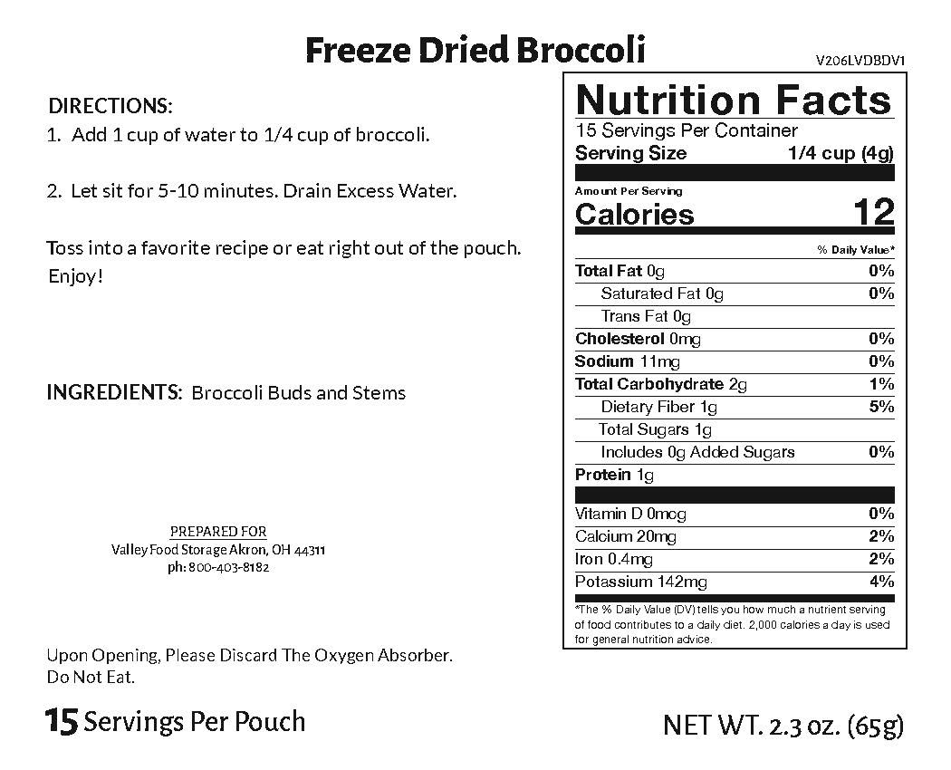 Valley Food Storage Freeze-Dried Broccoli Long Term Food Storage Nutrition Label