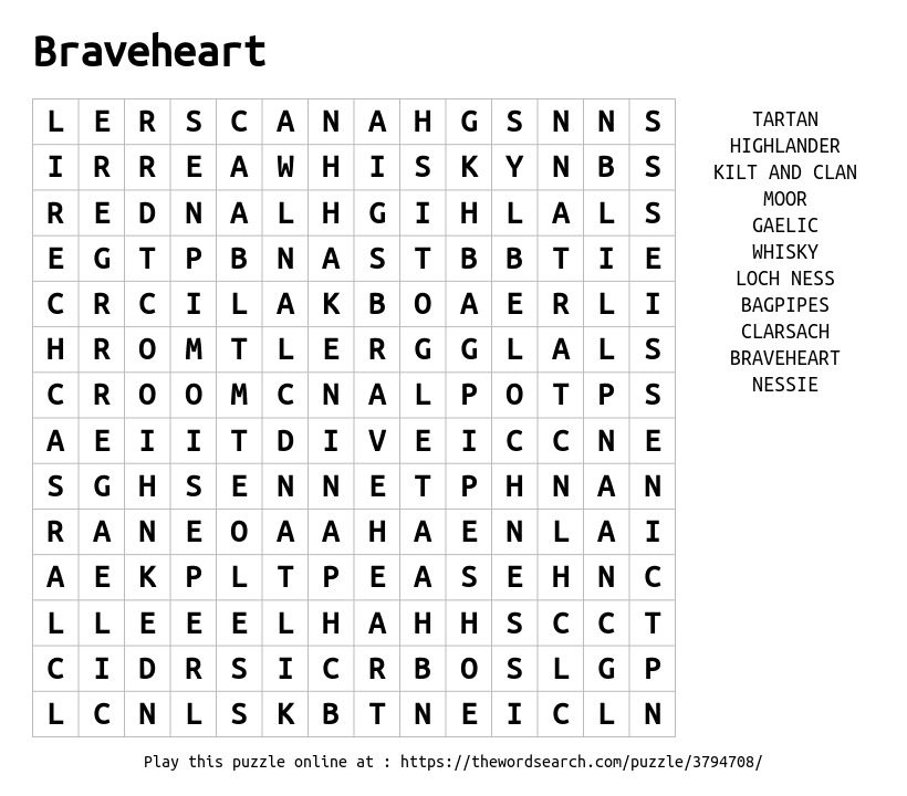 Braveheart Word Search