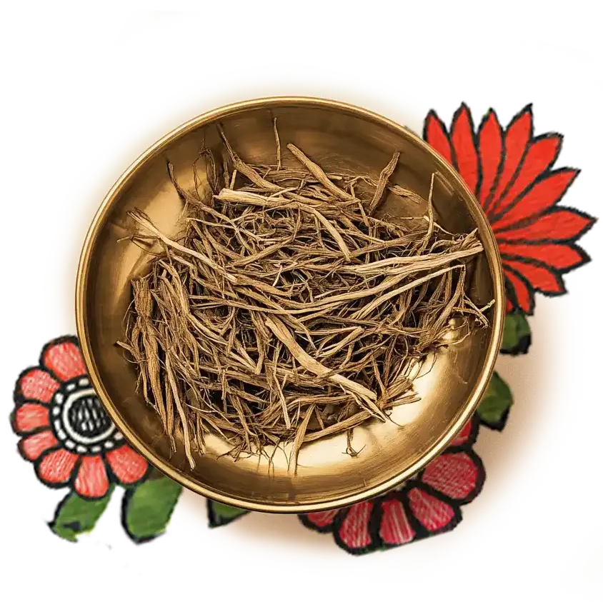 Vetiver roots kept in a brass bowl over an artwork of a red color flower