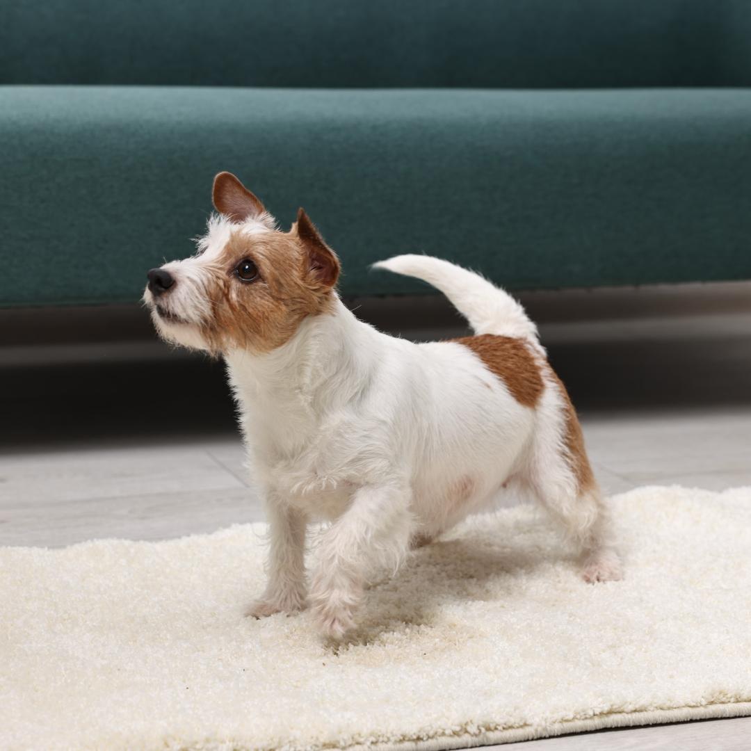 Cute dog near wet spot on rug indoors