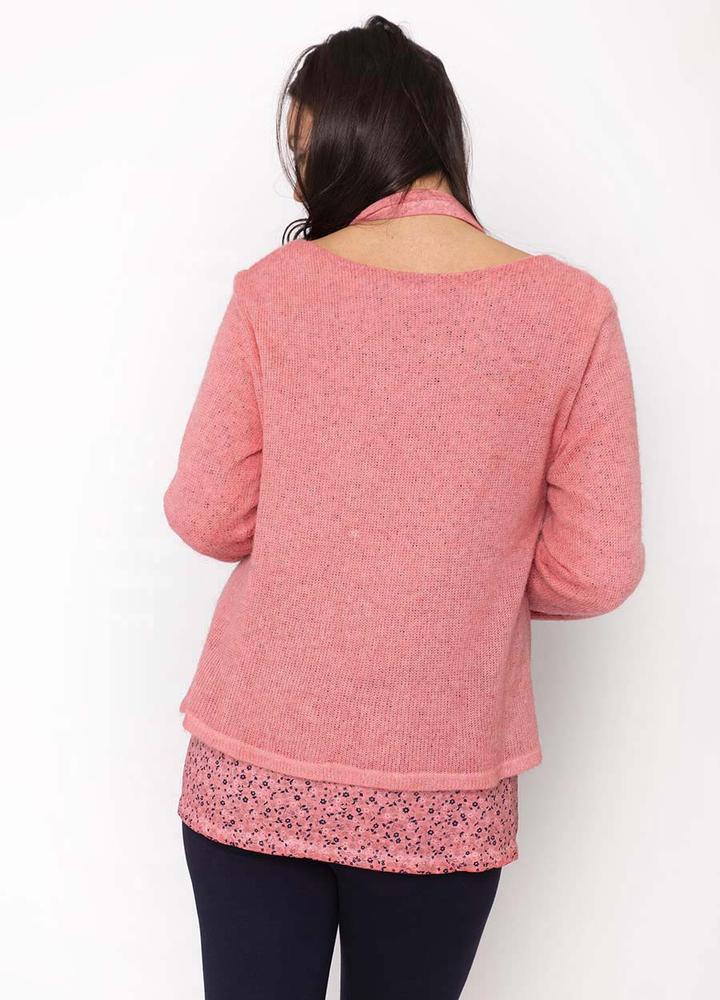 Layered Fine Knit Top & Scarf in Coral