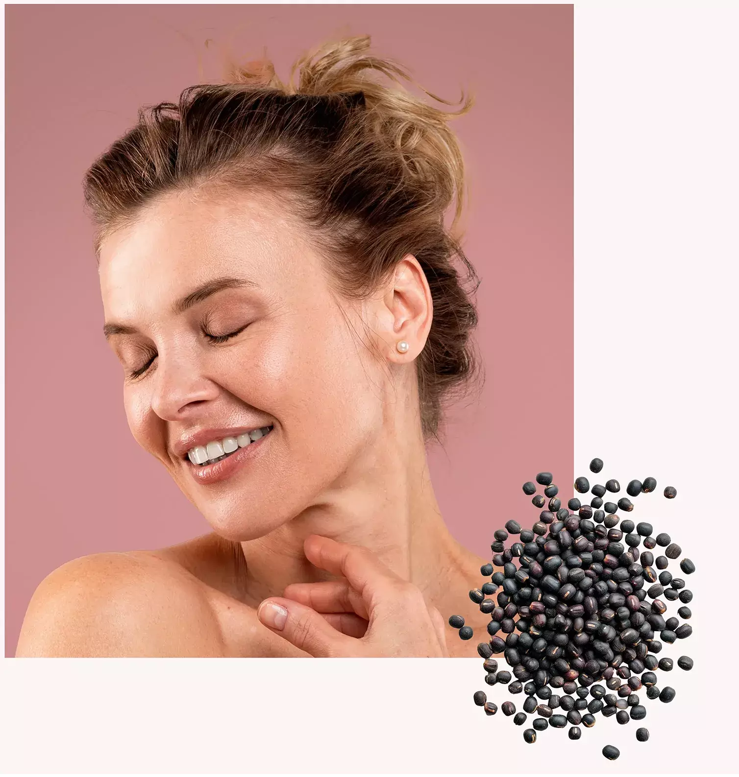 black beans and woman touching her skin with