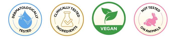Dermatologically tested, clinically tested ingredients. vegan, not tested on animals 1