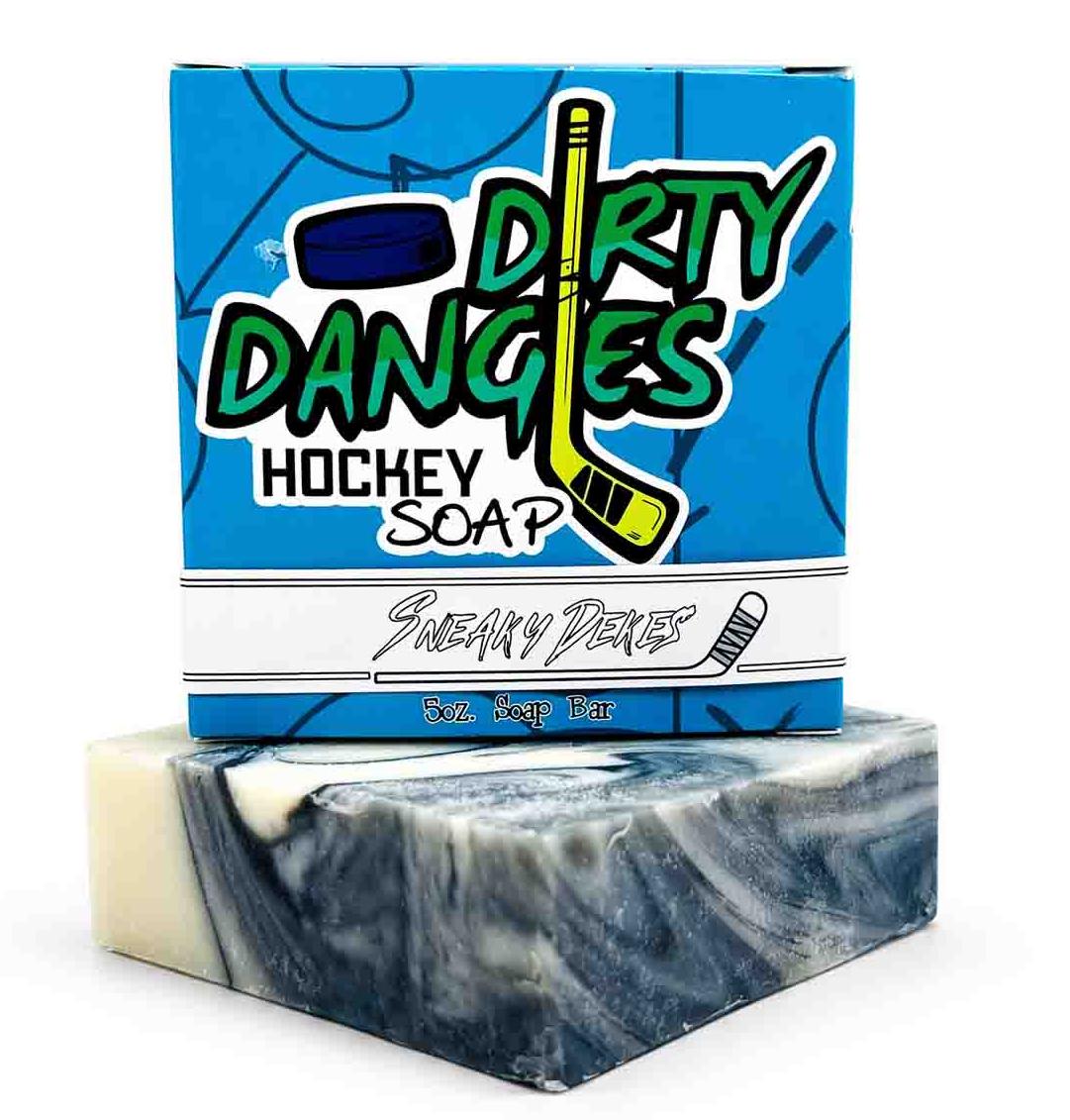 Dirty Dangles sneaky dekes hockey soap bar with product box on a white background.