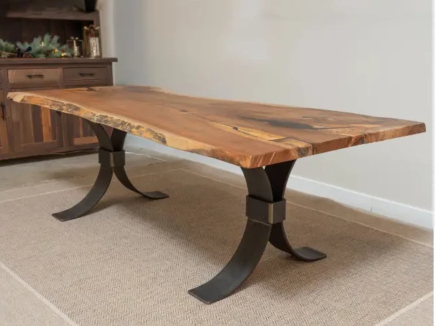 live edge walnut table with American Steel base