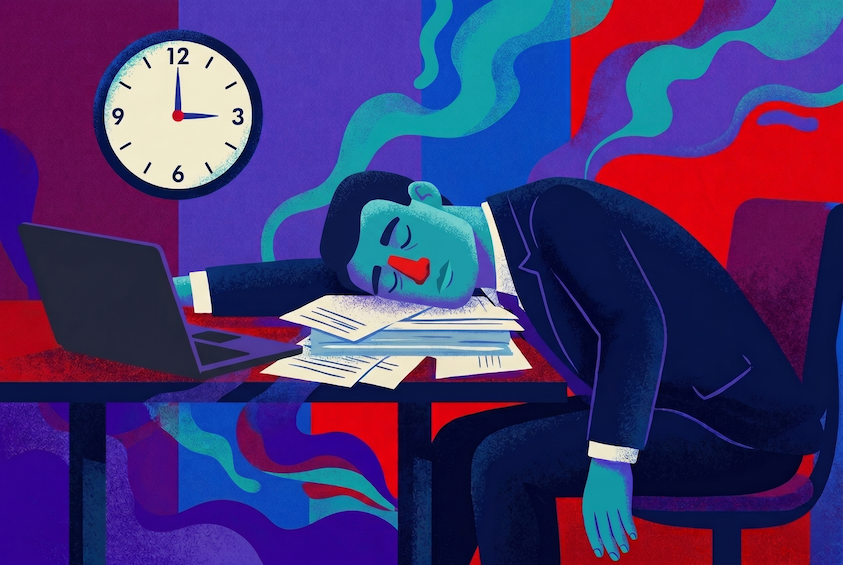 Man in a suit asleep at his desk at 3 p.m. — editorial illustration for an article on what is sleep debt.