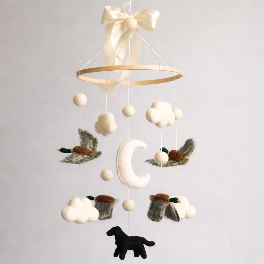 Needle Felted Flying Ducks with Dog Baby Mobile + Crib Arm