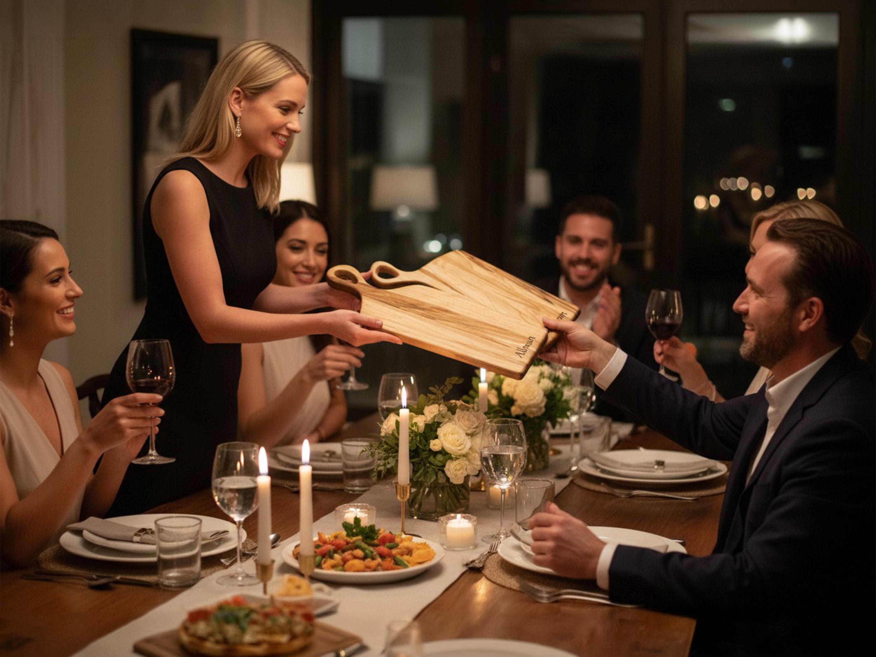 Woman getting a personalized maple nesting charcuterie board as a hostess gift at a dinner party