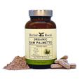 Bottle of Herbal Roots Organic Saw Palmetto with capsules on the right of the bottle and powder on the left.