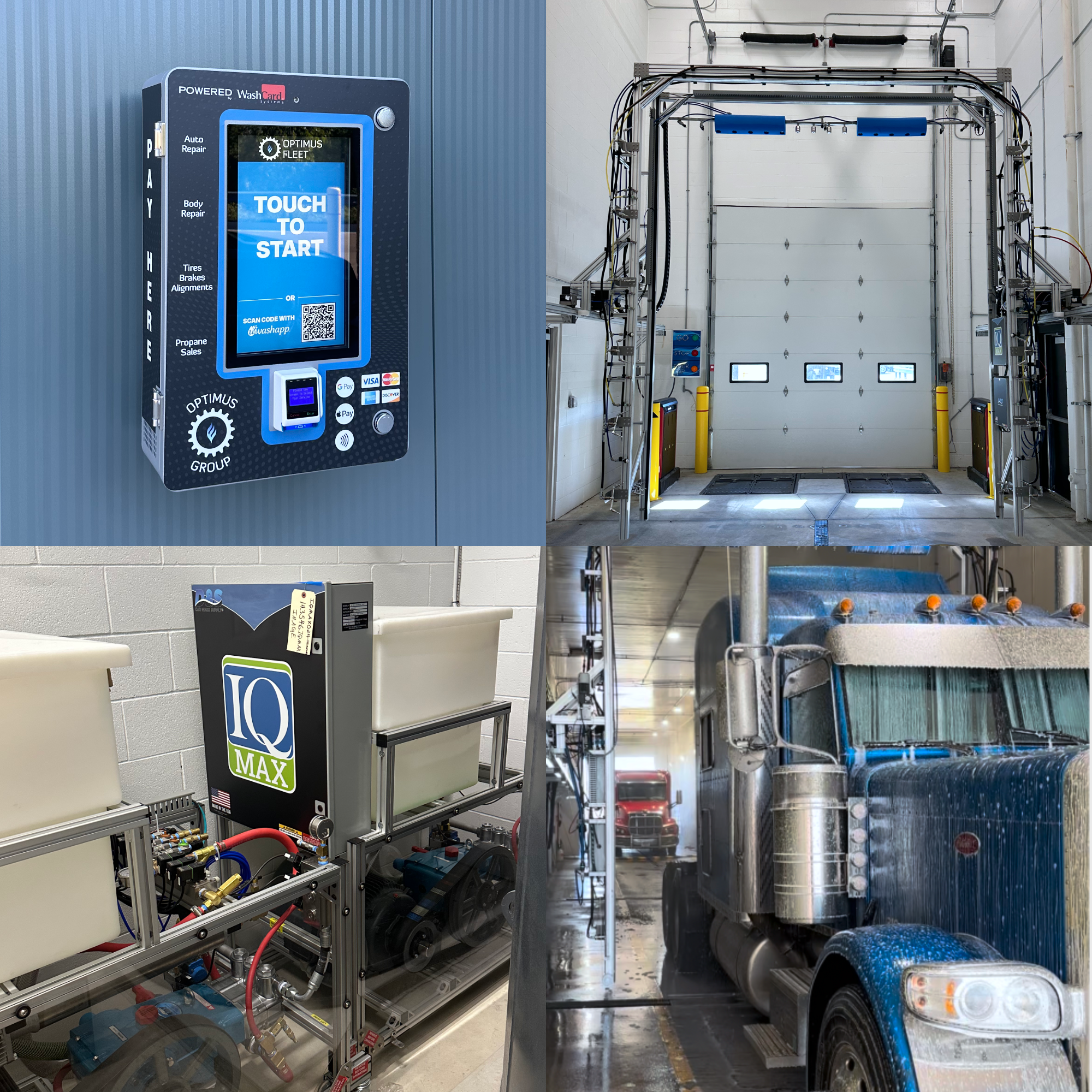 Accuwash automated vehicle washing drive-through system by Image Wash Products. 4-way split photo showing control panel, Accuwash system, Soap injectors and drums, and a semi truck driving through the truck wash.