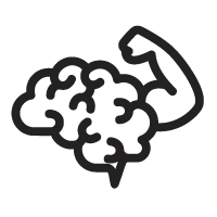 Icon of a brain with a muscular arm flexing, symbolizing mental strength.