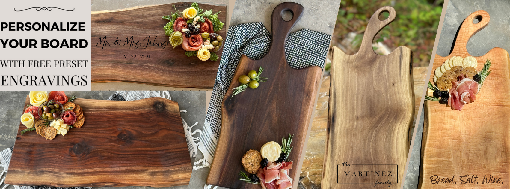 Personalized live edge charcuterie boards free preset engravings