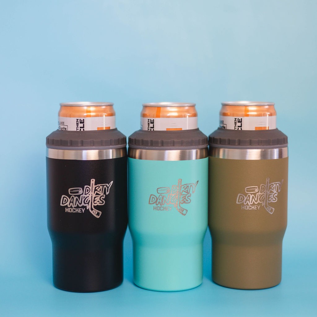 3 Dirty Dangles 2 in 1 insulated drink tumbler can coolers on a blue background. Black, Neon blue and Tactical Green