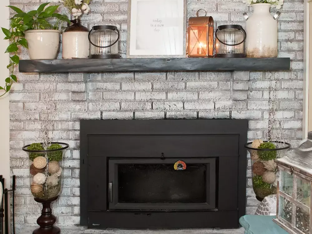 reclaimed wood, cherry wood mantel