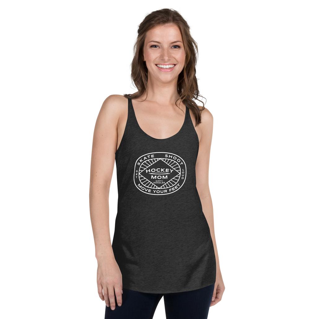 A hockey mom in a black racerback tank top. Hockey mom insignia