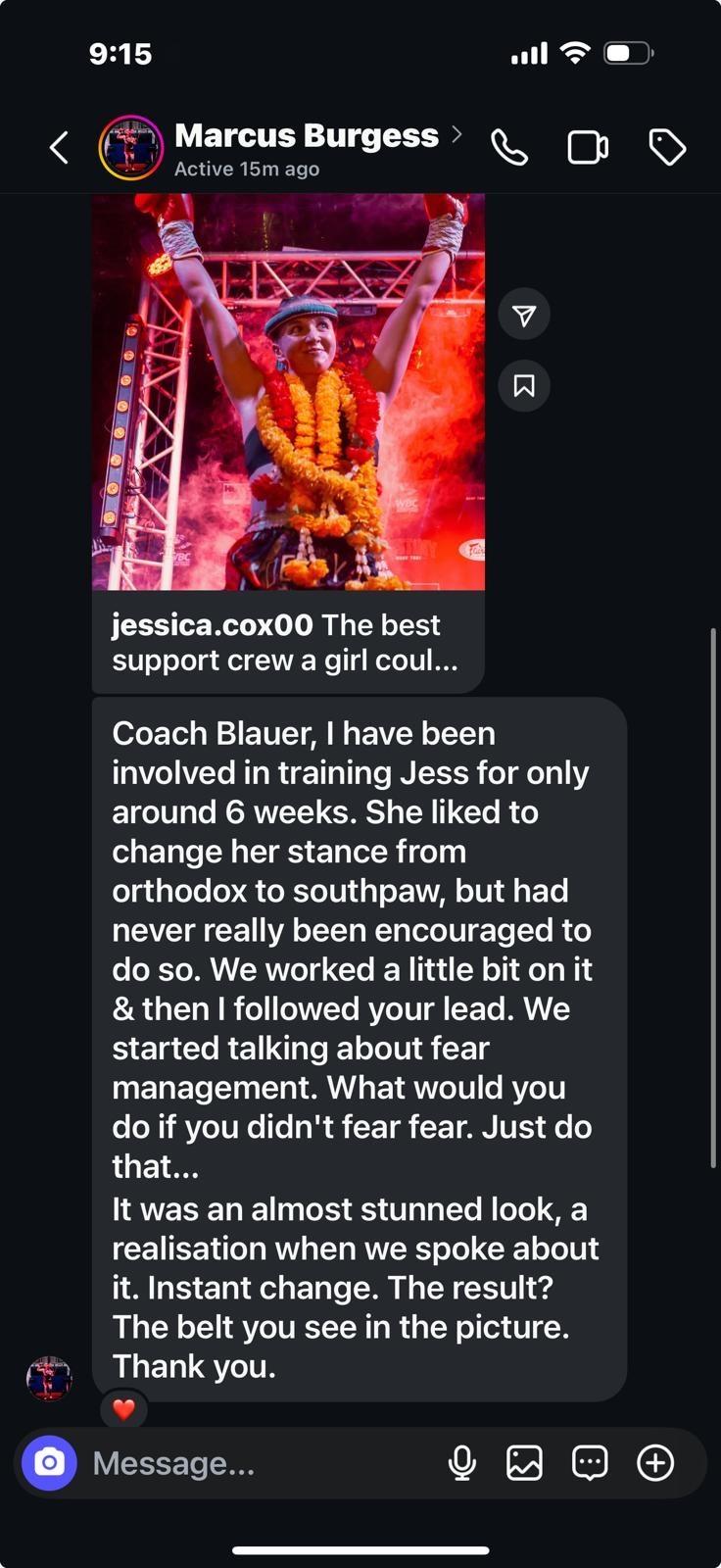 A message to Coach Blauer from Jessica's coach, Marcus Burgess.