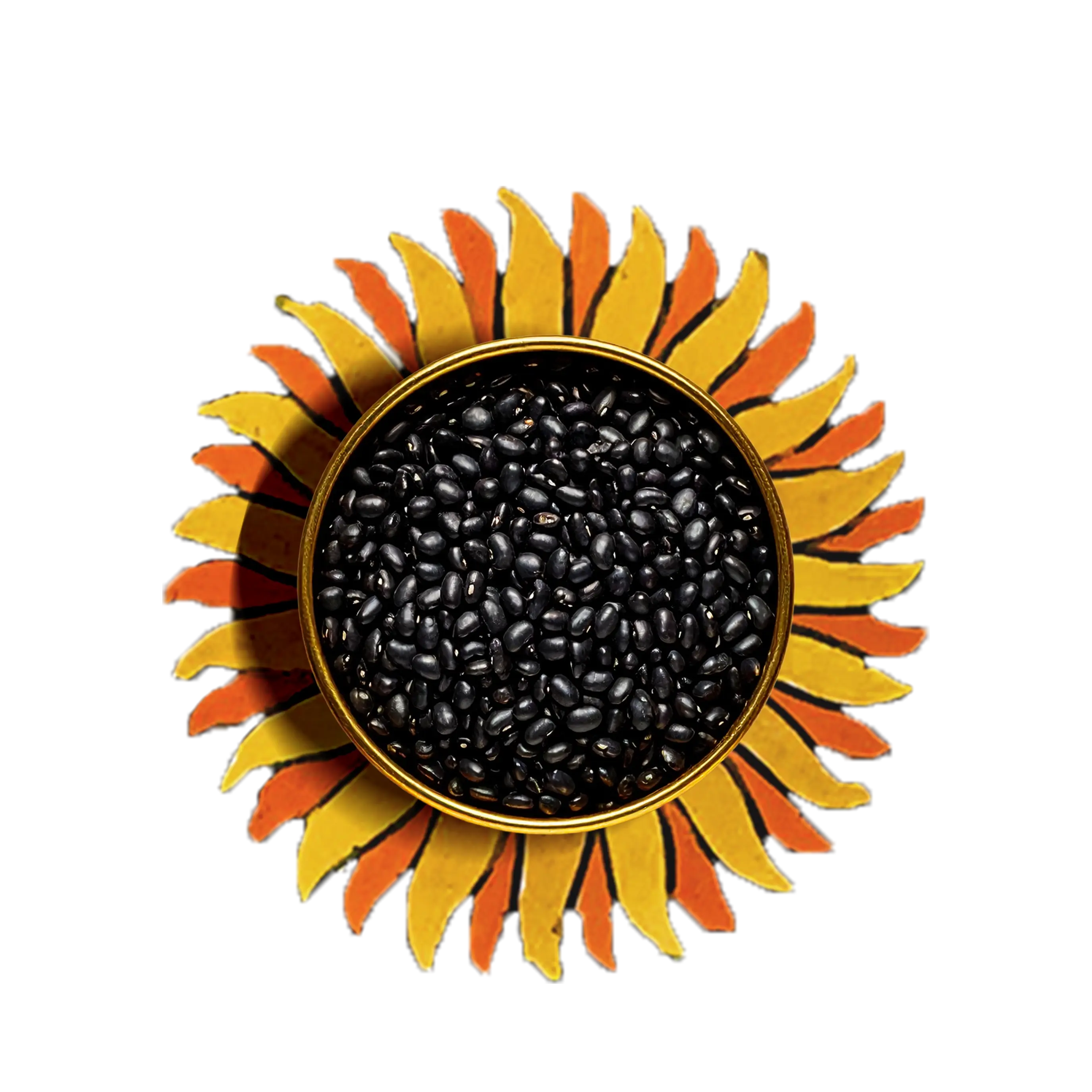 A bowl of black grams surrounded by floral artworks