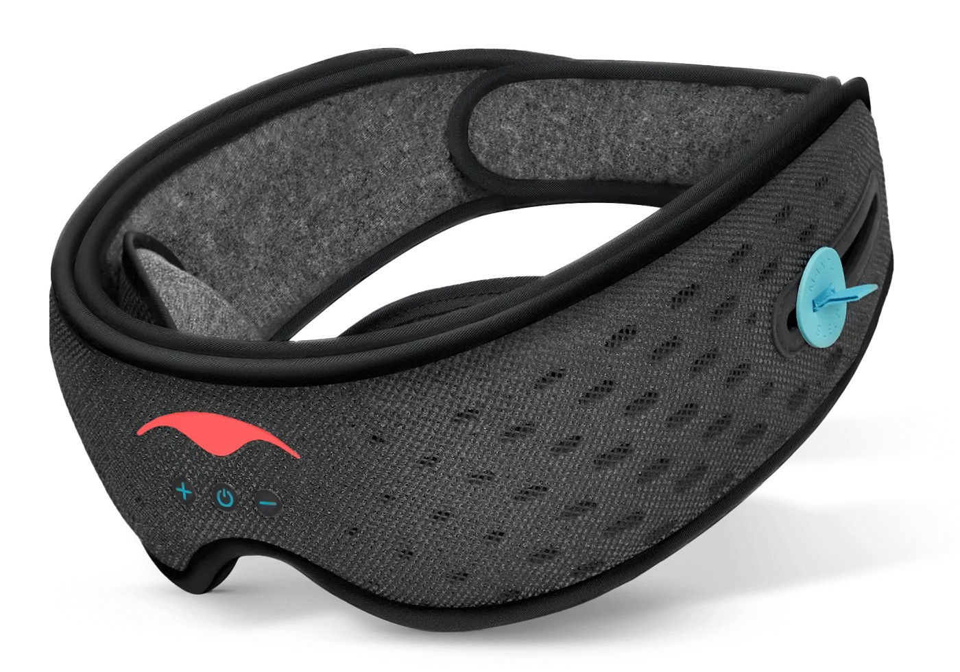 Dark gray sleeping mask with razor-thin earphones and adjustable strap.