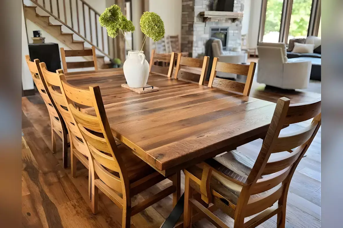 Solid wood Norway dining table with Akron dining chairs in bright, open kitchen