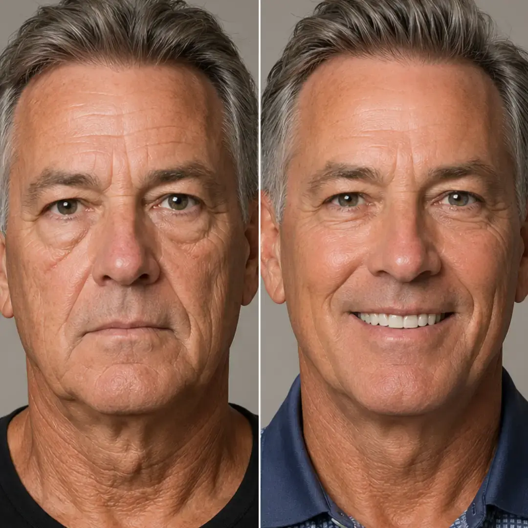 before after image of male in his 50's showing improved appearance of eye bags