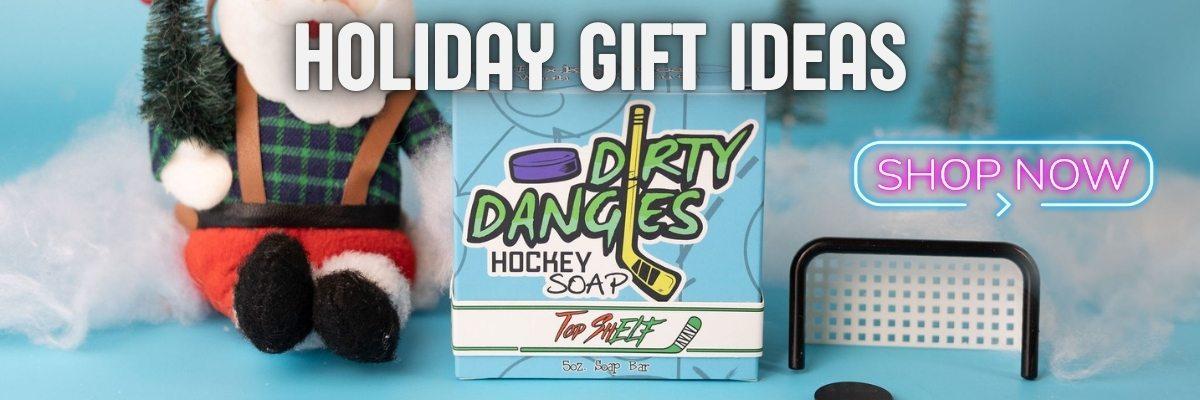 Hockey holiday gift ideas. A bar of Top ShELF soap, a tiny hockey net and a lumberjack santa on a festive background