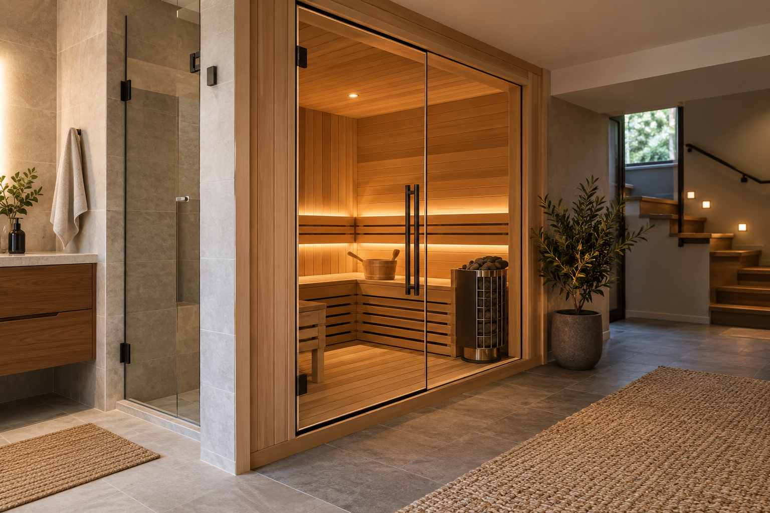 Indoor home sauna built into a bathroom with glass doors and wood interior