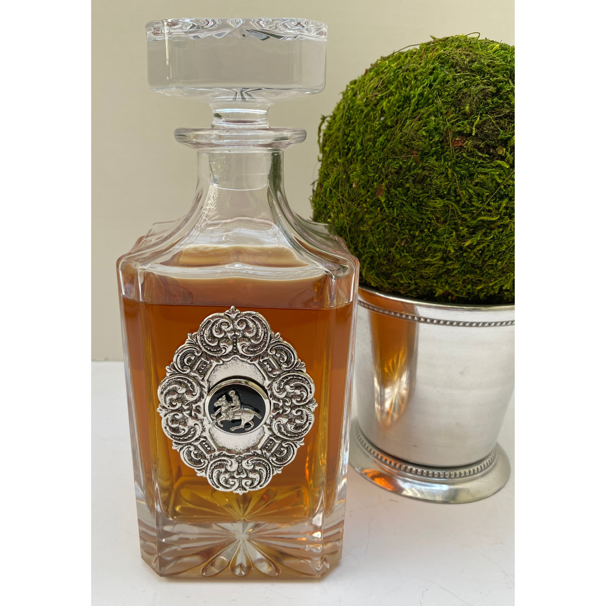 Crystal Decanter with Silver Medallion and Polo player