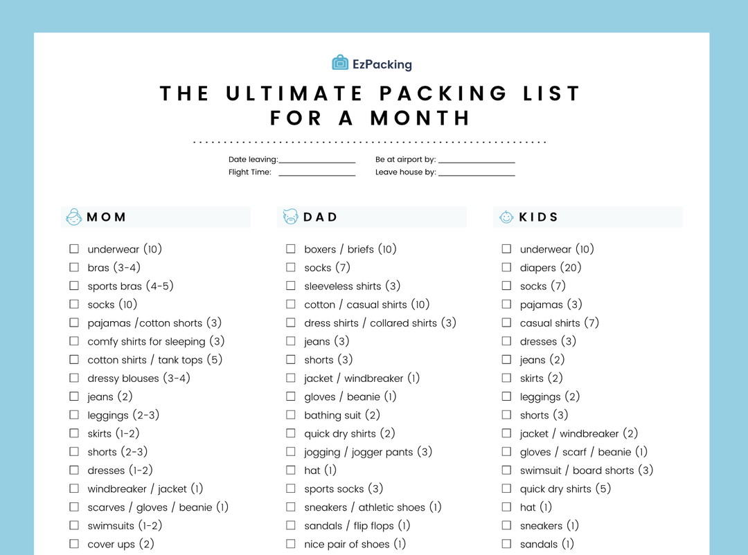 Packing List For A Month Long Trip