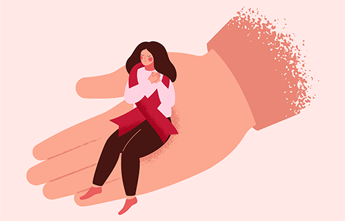 femme assise sur une main tendue qui porte le ruban rouge sur elle