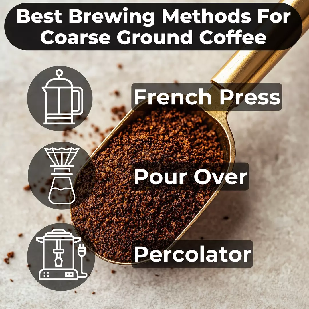 Scoop of coarse coffee grounds with icons showing recommended brewing methods like French press and pour over — Lone Wolf Coffee