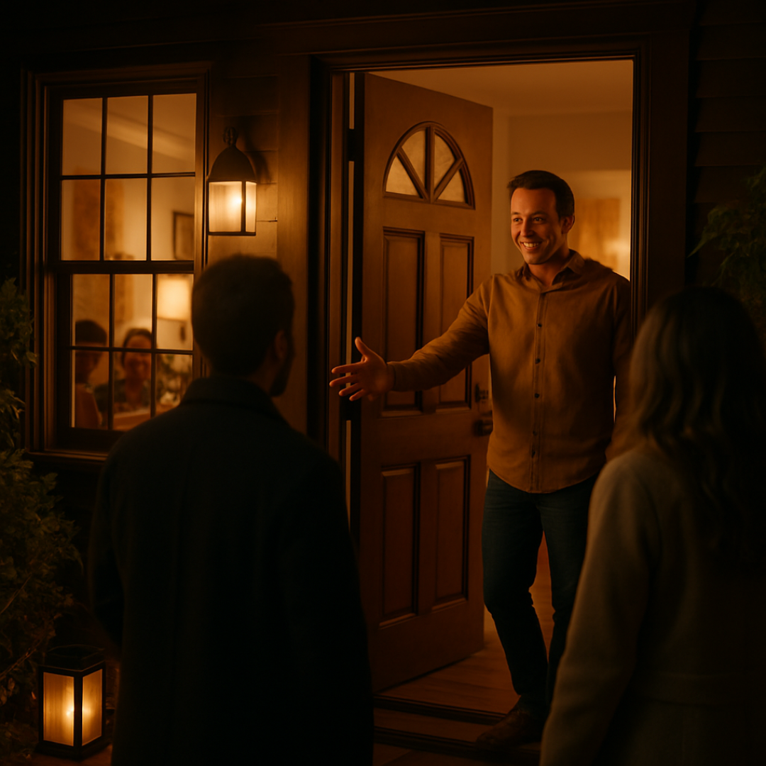 A smiling host opens the front door to warmly welcome arriving guests into a cozy, well-lit home, symbolizing the friendliness and ease of stress free dinner hosting ideas.